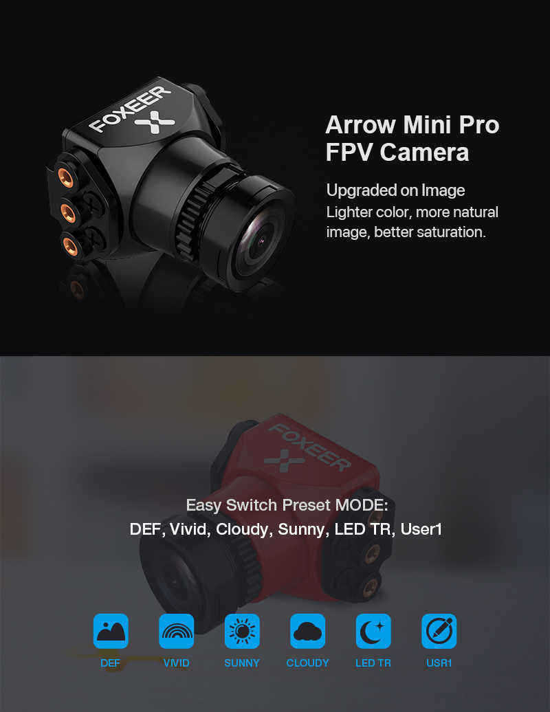 Foxeer-Arrow-Mini-Pro-25mm-650TVL-43-WDR-FPV-Camera-Built-in-OSD-With-Bracket-NTSCPAL-BlackRed-1240000