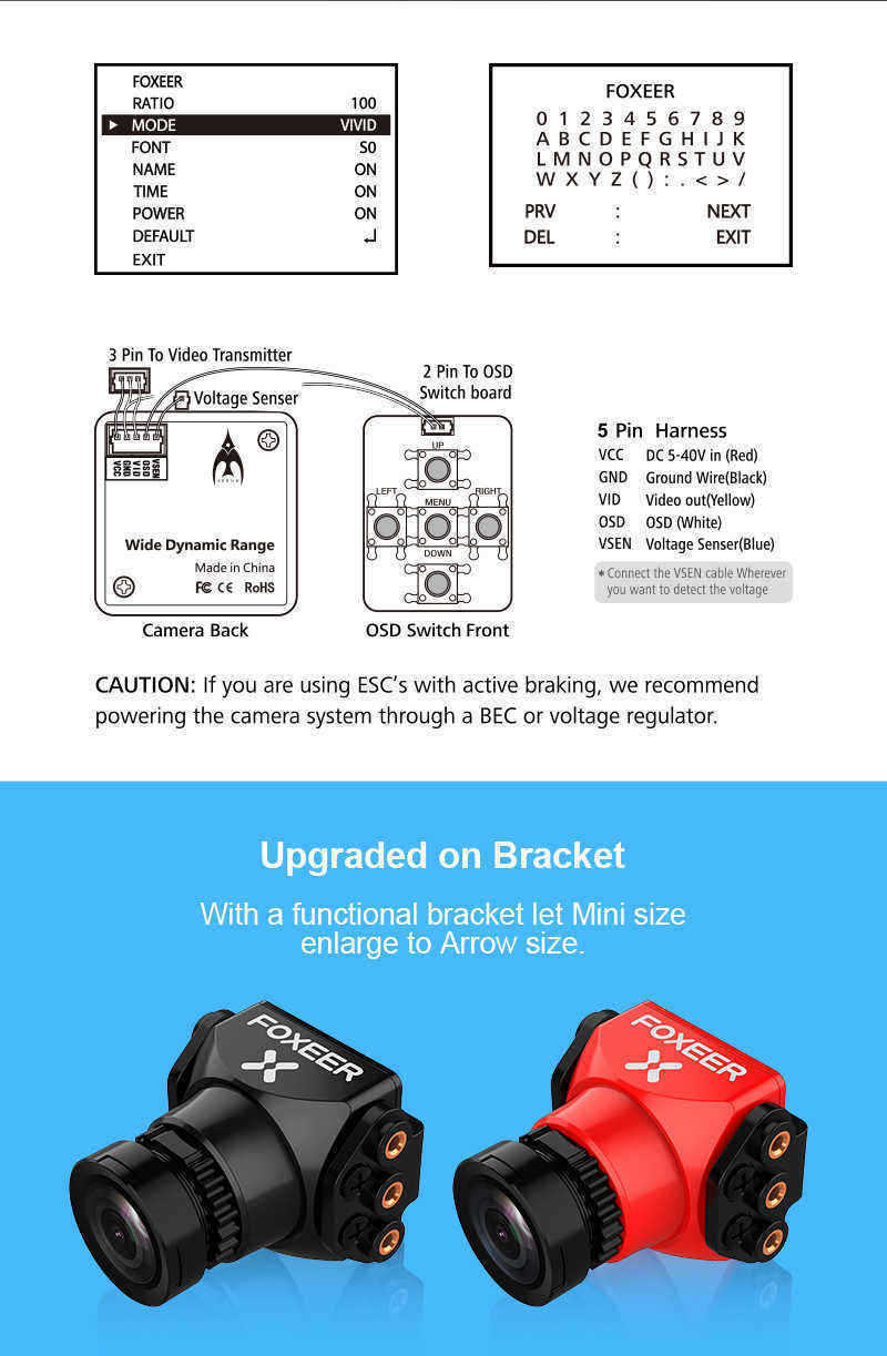 Foxeer-Arrow-Mini-Pro-25mm-650TVL-43-WDR-FPV-Camera-Built-in-OSD-With-Bracket-NTSCPAL-BlackRed-1240000