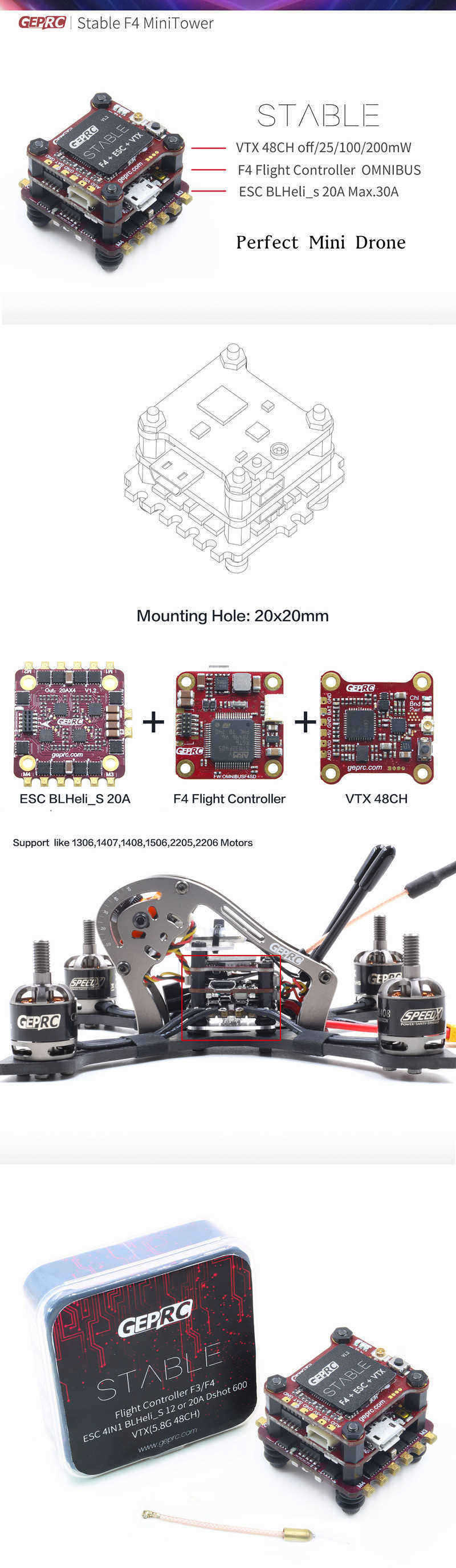 Geprc-20x20mm-Stable-Flytower-20A-BL_S-ESC-amp-Omnibus-F4-Flight-Controller-amp-48CH-25100200mW-VTX-1258447