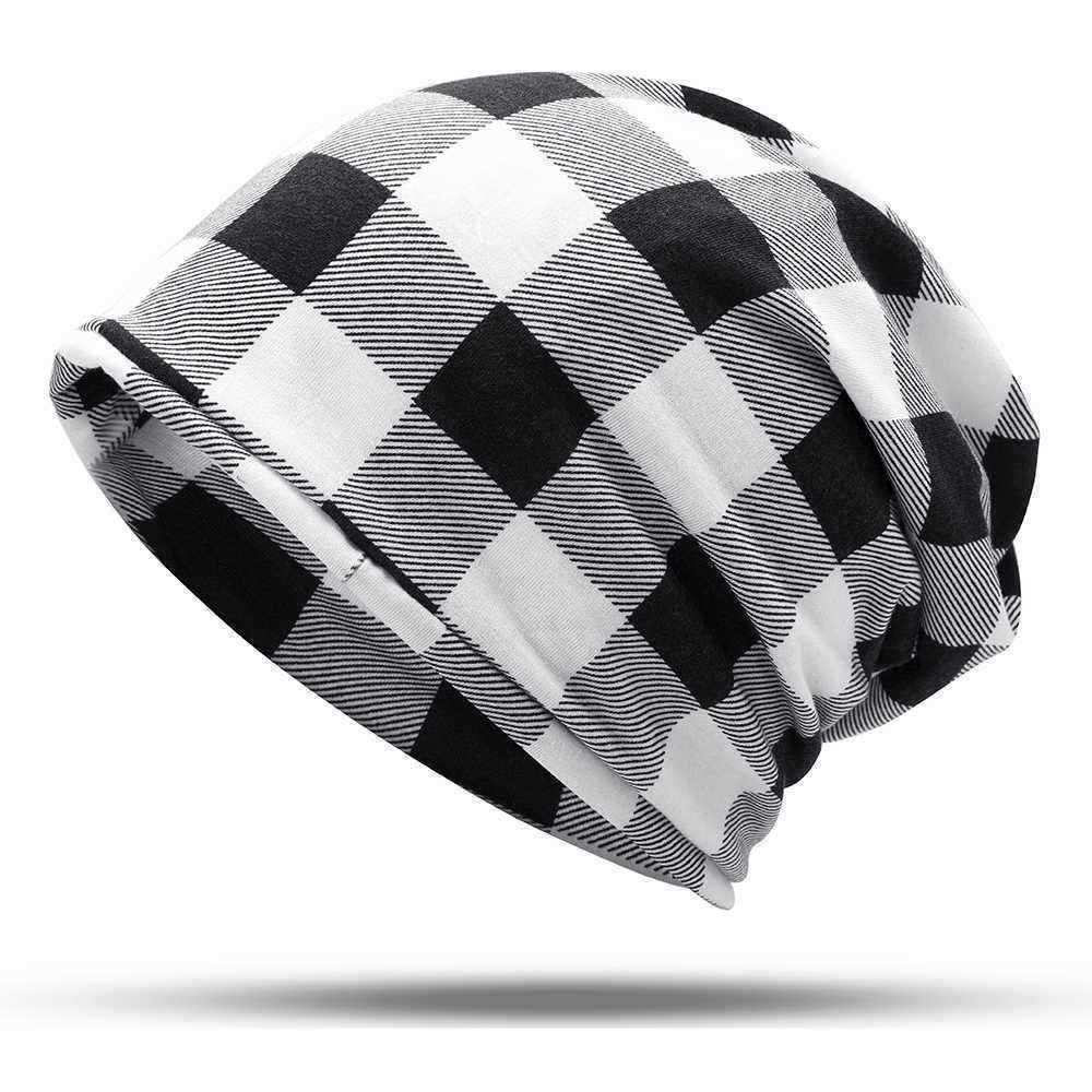 Men-Women-Cotton-Plaid-Slouchy-Beanie-Cap-Scarf-Outdoor-Print-Double-Layers-Turban-Hat-1394774