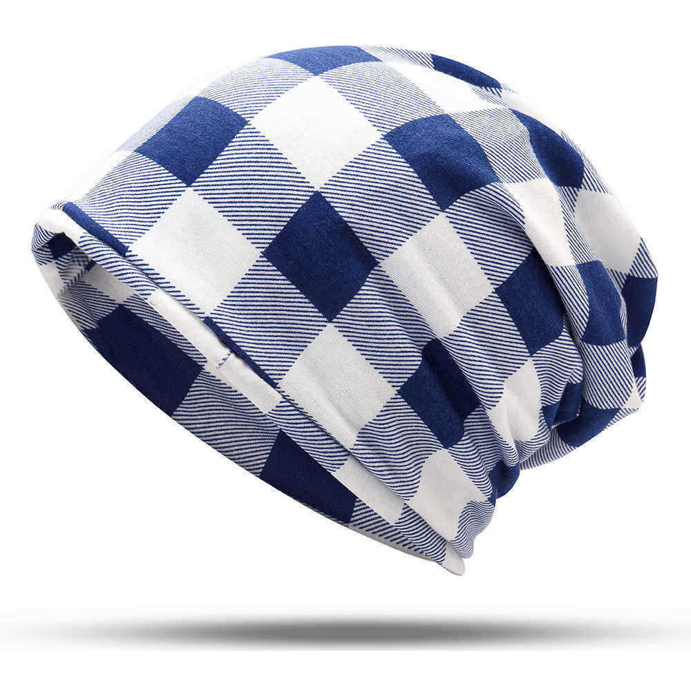 Men-Women-Cotton-Plaid-Slouchy-Beanie-Cap-Scarf-Outdoor-Print-Double-Layers-Turban-Hat-1394774