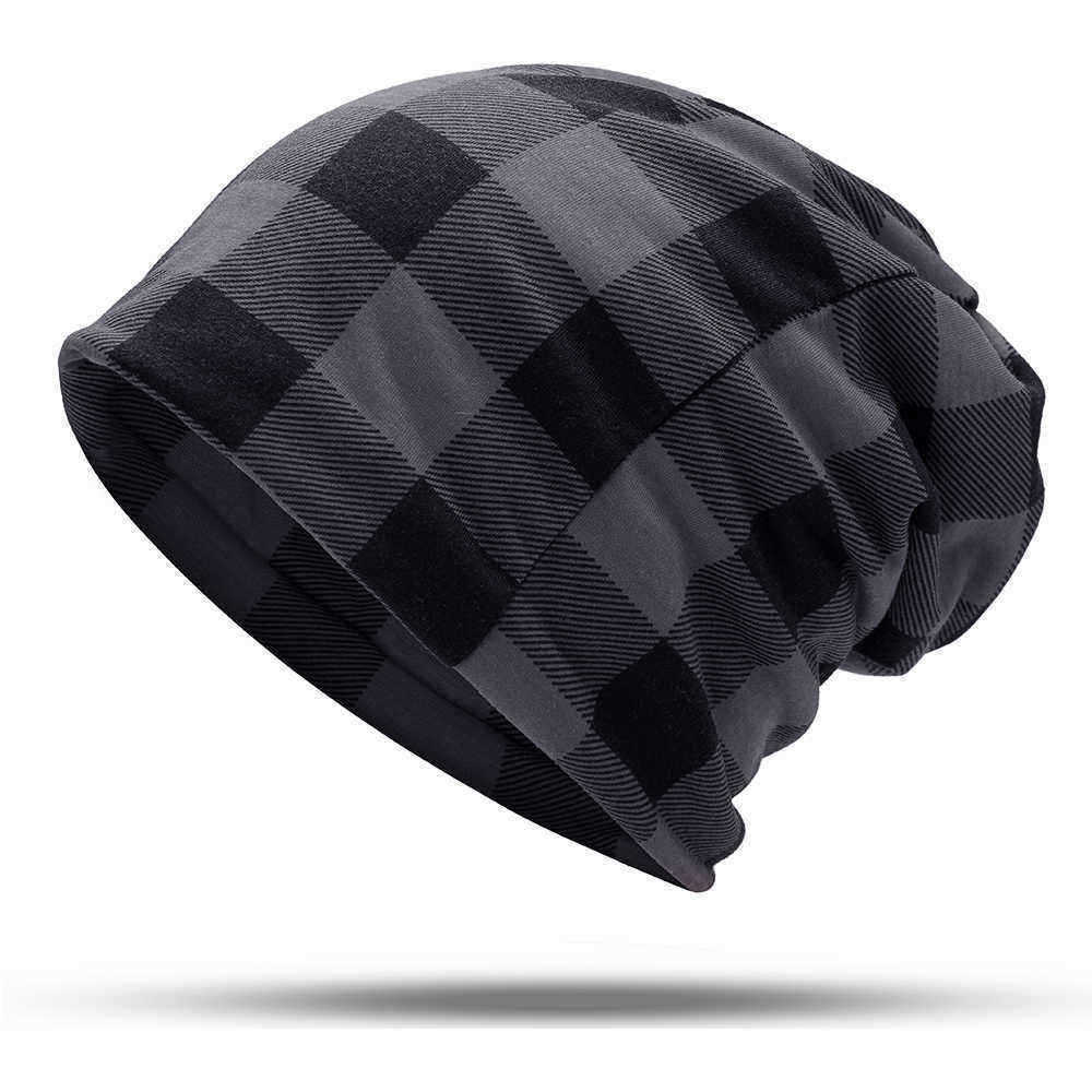 Men-Women-Cotton-Plaid-Slouchy-Beanie-Cap-Scarf-Outdoor-Print-Double-Layers-Turban-Hat-1394774