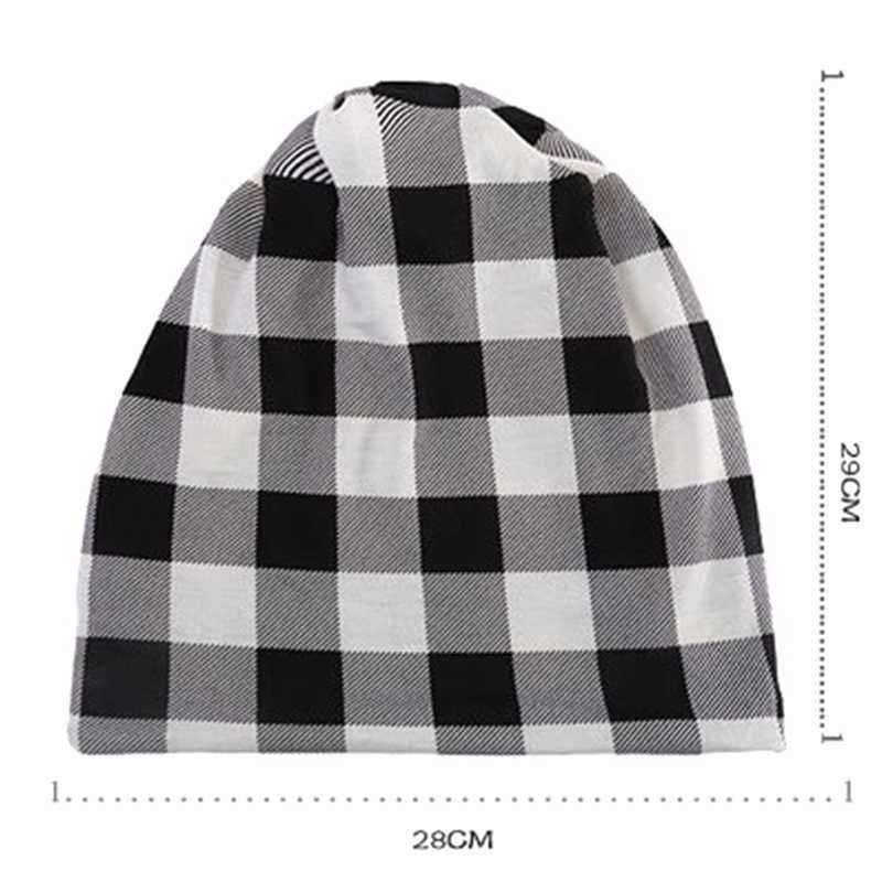 Men-Women-Cotton-Plaid-Slouchy-Beanie-Cap-Scarf-Outdoor-Print-Double-Layers-Turban-Hat-1394774