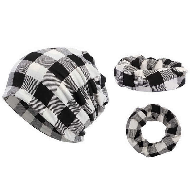 Men-Women-Cotton-Plaid-Slouchy-Beanie-Cap-Scarf-Outdoor-Print-Double-Layers-Turban-Hat-1394774