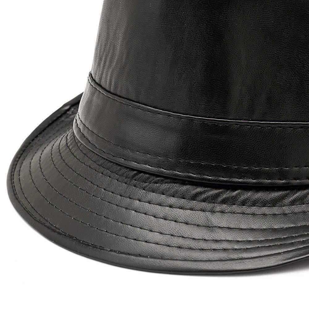 Men-Women-PU-Leather-Plain-Weave-Crimping-Brim-Casual-Jazz-Top-Hat-1336464