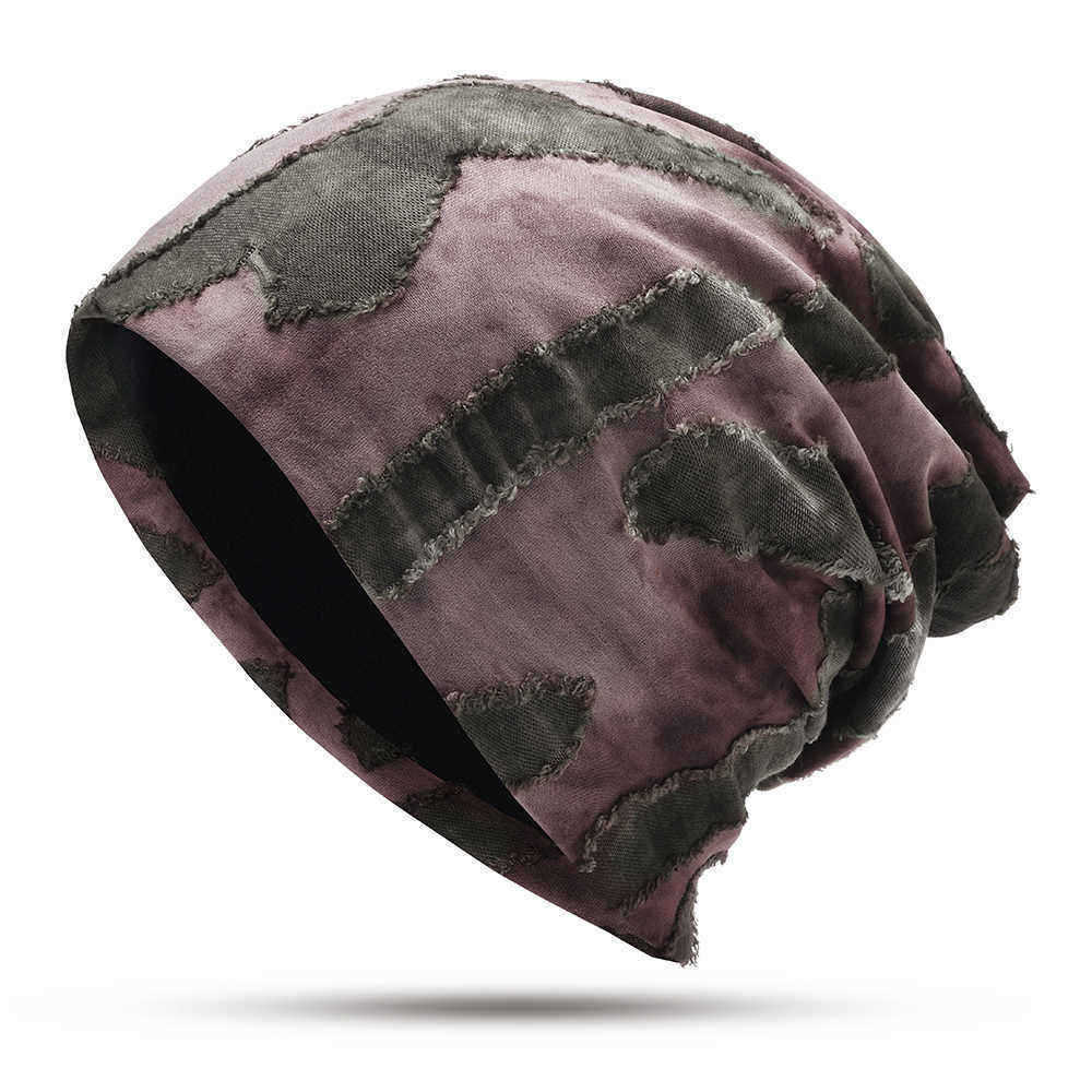 Men-Women-Vintage-Patchwork-Double-Layers-Earmuffs-Beanie-Hats-Outdoor-Slouch-Skull-Cap-1334755