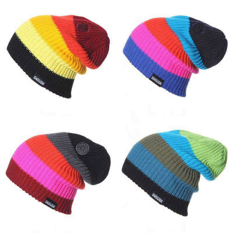 Men-Women-Winter-Double-Knit-Striped-Multicolor-Knitted-Hat-Beanie-Cap-1387433