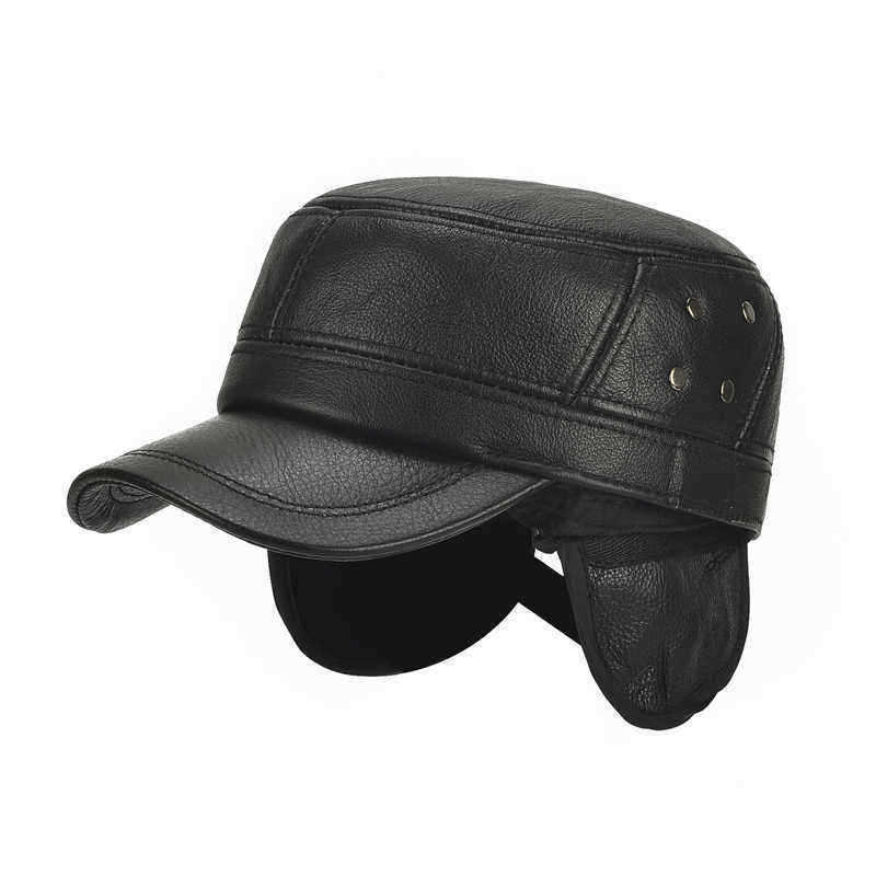 Mens-Winter-Leather-Earmuffs-Flat-Top-Hats-Outdoor-Durable-Warm-Military-Army-Peaked-Cap-1328027