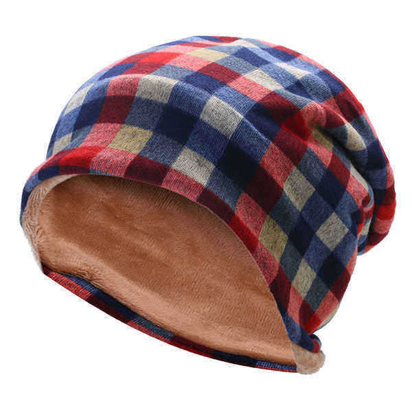 Mens-Women-British-Style-Grid-Cotton-Beanies-Hat-Thicken-Velvet-Warm-Hat-And-Scarf-1194034