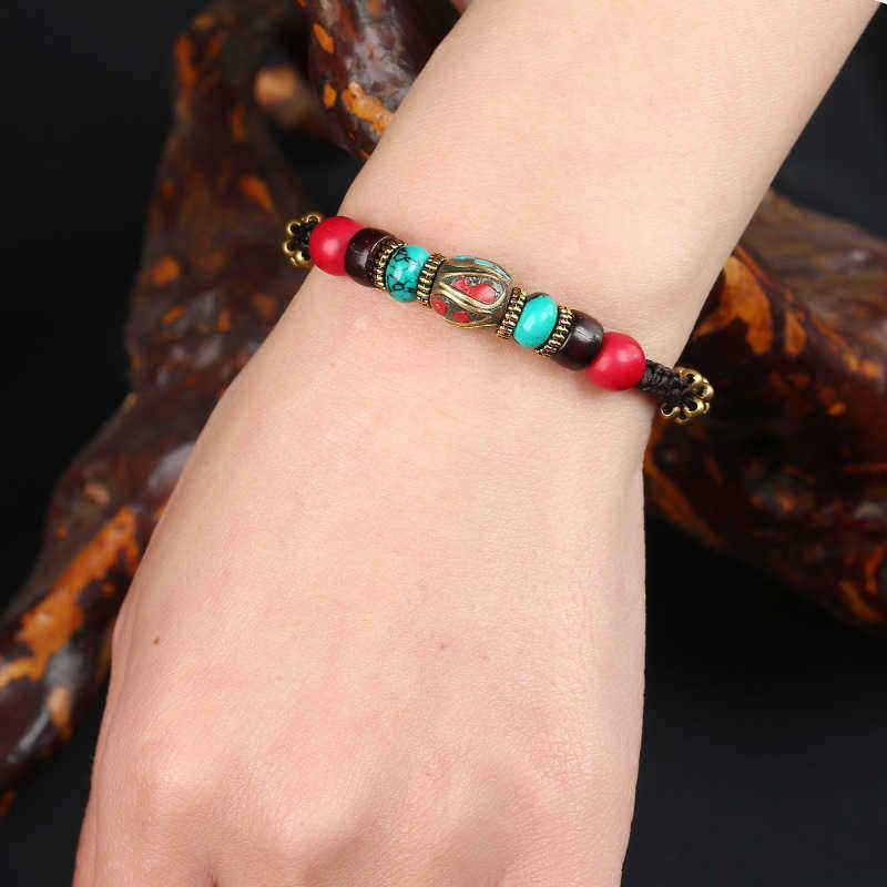 Retro-Multicolor-Turquoise-Copper-Beads-Bangle-Wax-Rope-Adjustable-Women-Bracelet-1259811