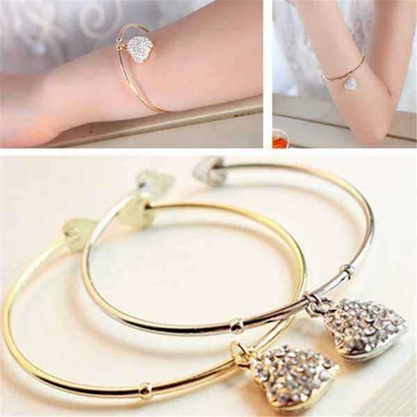 Silver-Gold-Rhinestone-Love-Heart-Pendant-Alloy-Bangle-Bracelet-Women-Jewelry-1032610