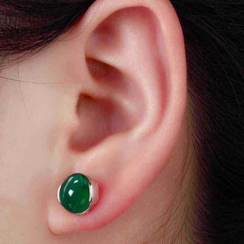 Silver-Plated-Lady-Round-Green-Agate-Earrings-Elegant-Gemstone-Ear-Stud-Chinese-Style-for-Women-1057595