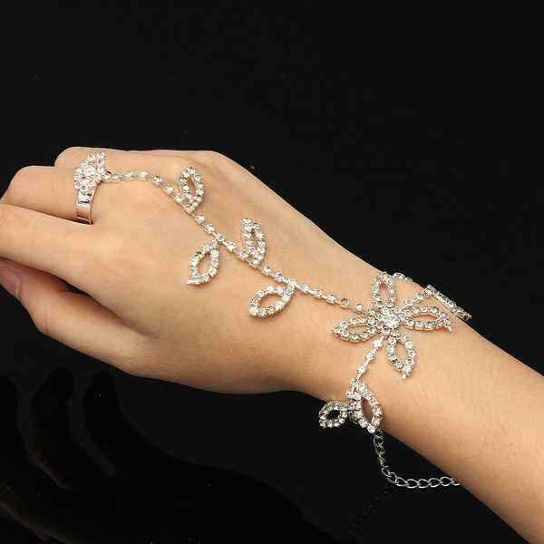 Silver-Plated-Leaves-Rhinestone-Ring-Bracelet-Crystal-Metal-Chain-944152