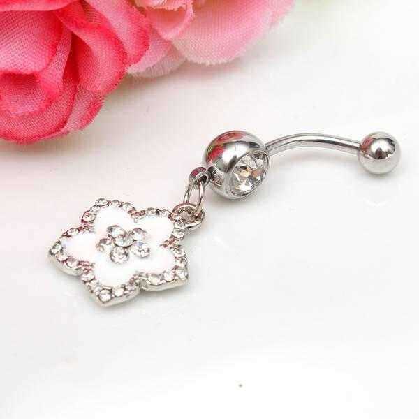 Silver-Rhinestone-Flower-Petal-Navel-Bar-Belly-Ring-Body-Jewelry-987356