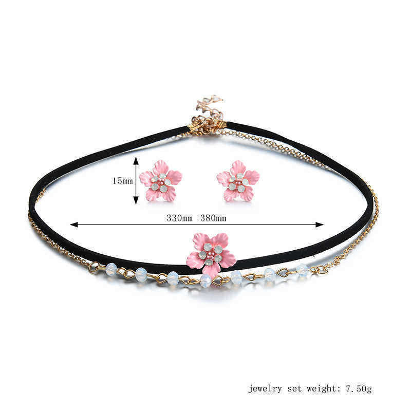 Sweet-Pink-Flower-Charm-Earrings-Double-Layer-Gold-Chain-Black-Choker-Necklace-Women-Jewelry-Set-1173262