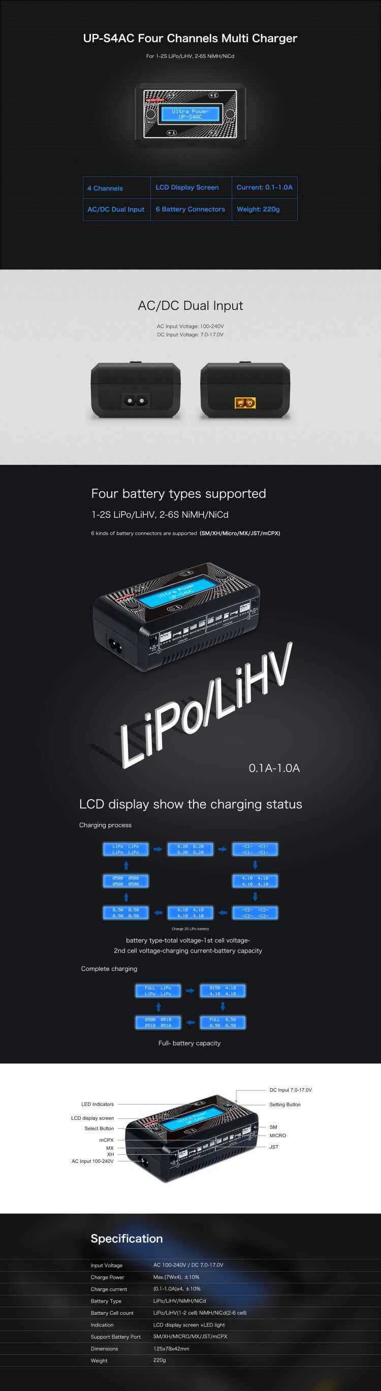 Ultra-Power-UP-S4AC-4x7W-1A-ACDC-1S-2S-LiPOLiHV-2S-6S-NiMHNiCd-Battery-Charger-With-SM-XH-Micro-MX-J-1382839