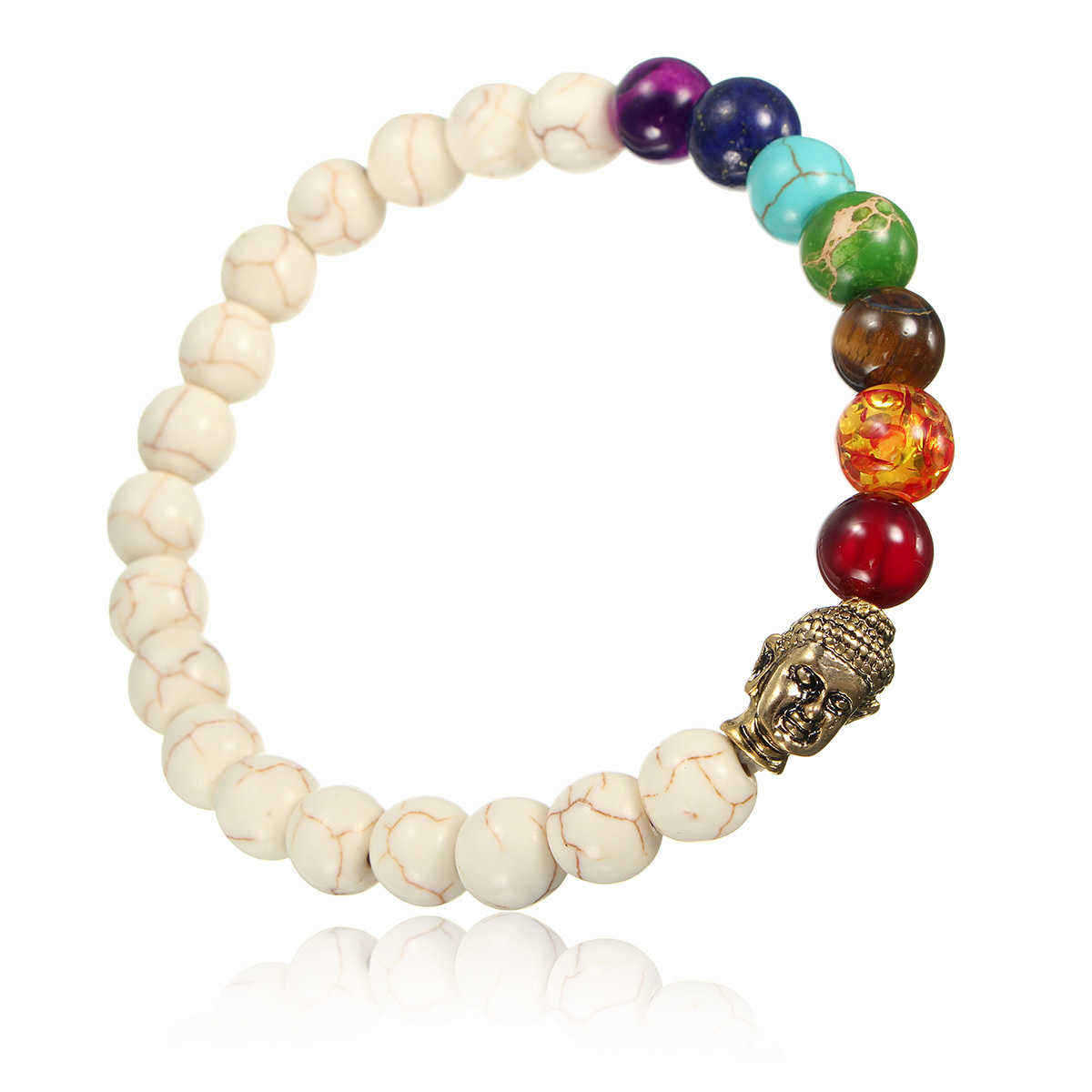 Unisex-White-Stone-Agate-Colorful-Beads-Prayer-Elastic-Bracelet-1053394