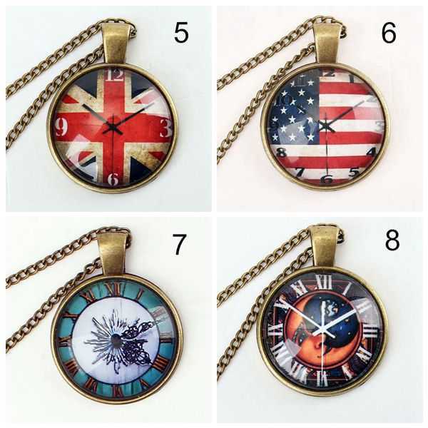 Vintage-Bronze-Glass-Cabochon-US-UK-Flag-Watch-Pendant-Necklace-979347