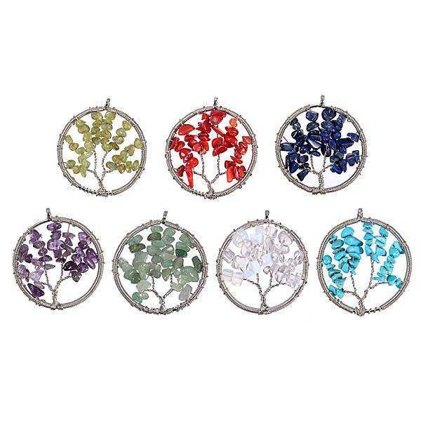 Vintage-Gem-Gravel-Stone-Tree-Of-Life-Round-Necklace-Pendant-960500