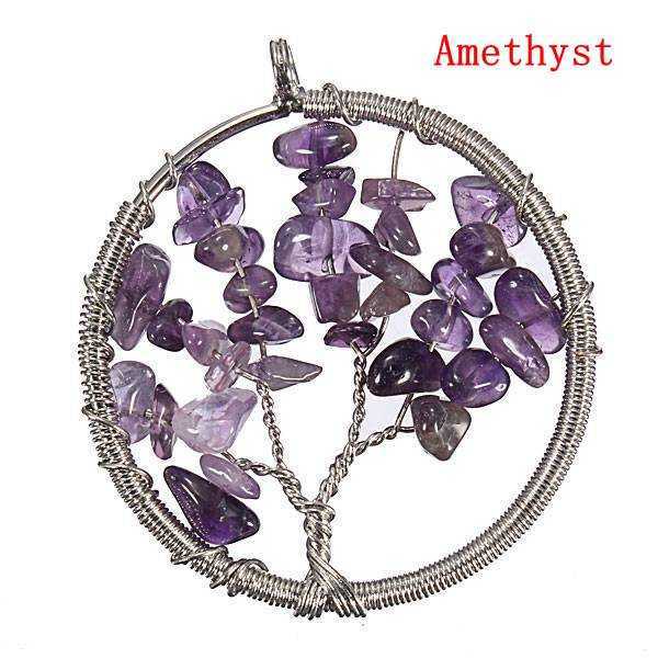 Vintage-Gem-Gravel-Stone-Tree-Of-Life-Round-Necklace-Pendant-960500