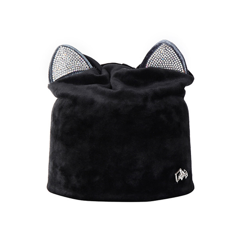 Women-Velour-Rhinestone-Deco-Cat-Ear-Windproof-Beanie-Cap-Animal-Hat-1388155