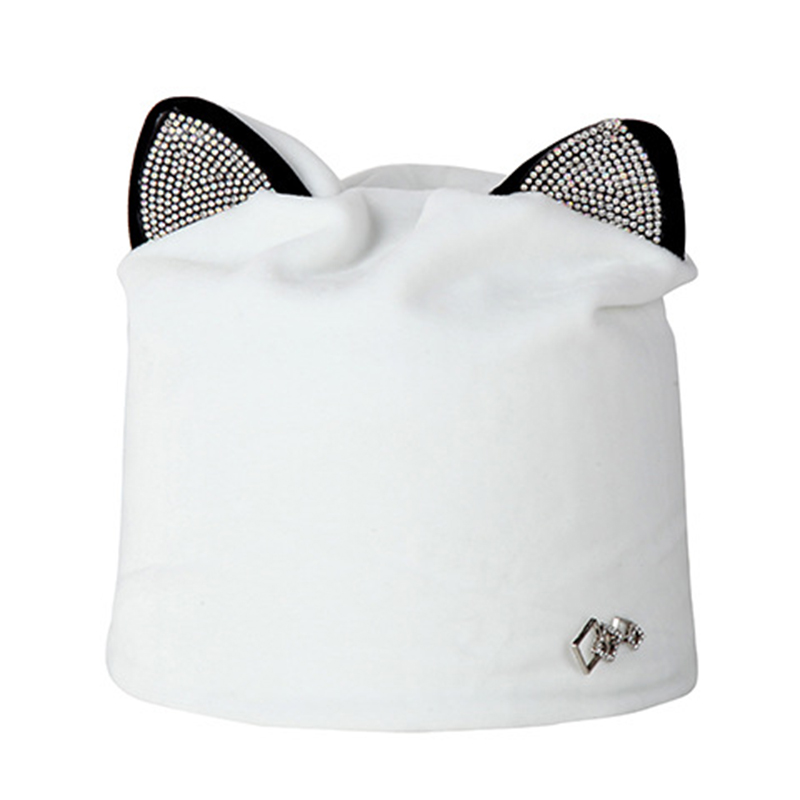 Women-Velour-Rhinestone-Deco-Cat-Ear-Windproof-Beanie-Cap-Animal-Hat-1388155