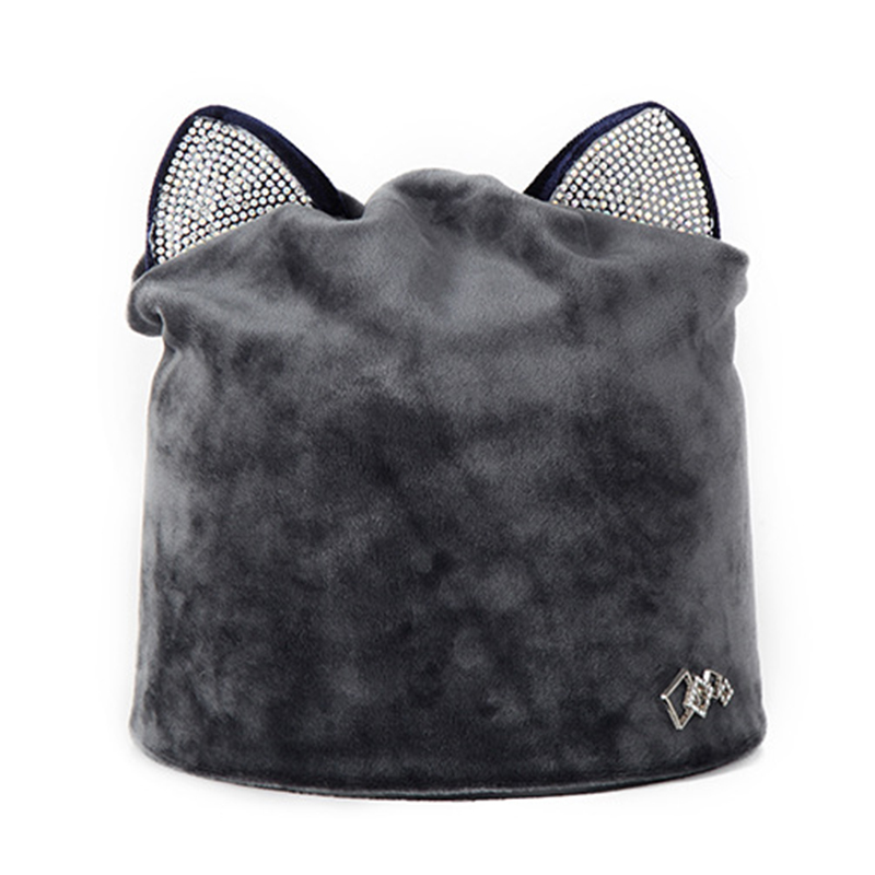 Women-Velour-Rhinestone-Deco-Cat-Ear-Windproof-Beanie-Cap-Animal-Hat-1388155