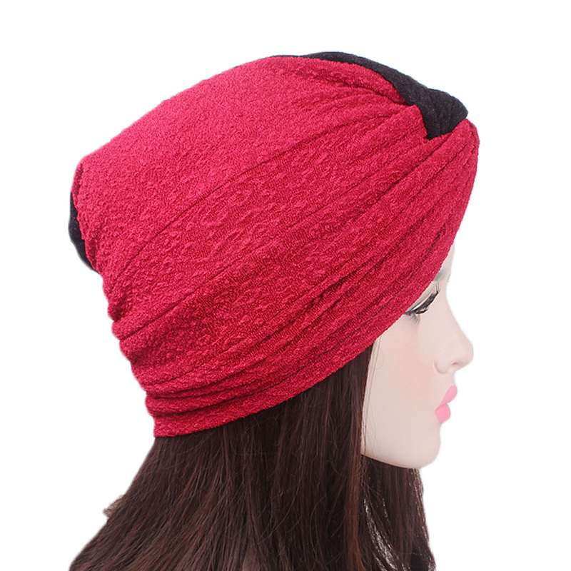 Women-Vintage-Muslim-Polyester-Crossed-Chemical-Turban-Hat-Casual-Stripe-Beanie-Cap-1334780