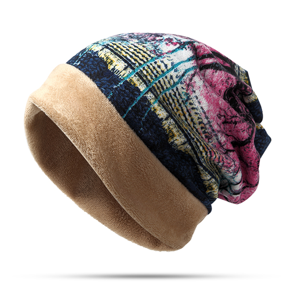 Women-Warm-Velvet-Beanies-Cap-Colorful-Printed-Bonnet-Hat-Cap-And-Scarf-Dual-Use-1196481