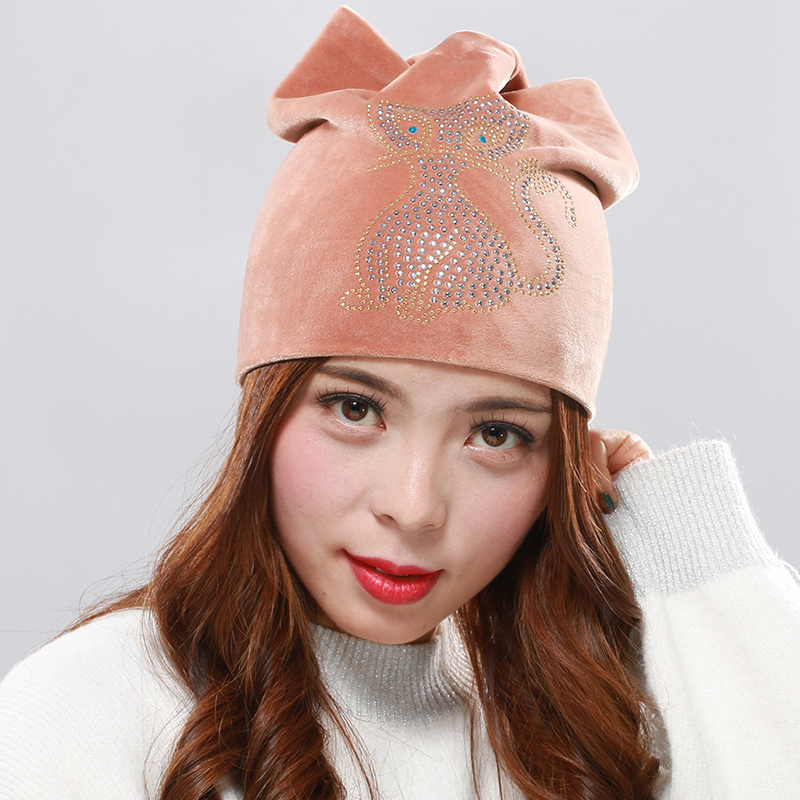 Womens-Double-Velvet-Rhinestones-Cute-Cat-Ears-Pattern-Beanie-Hat-1382003