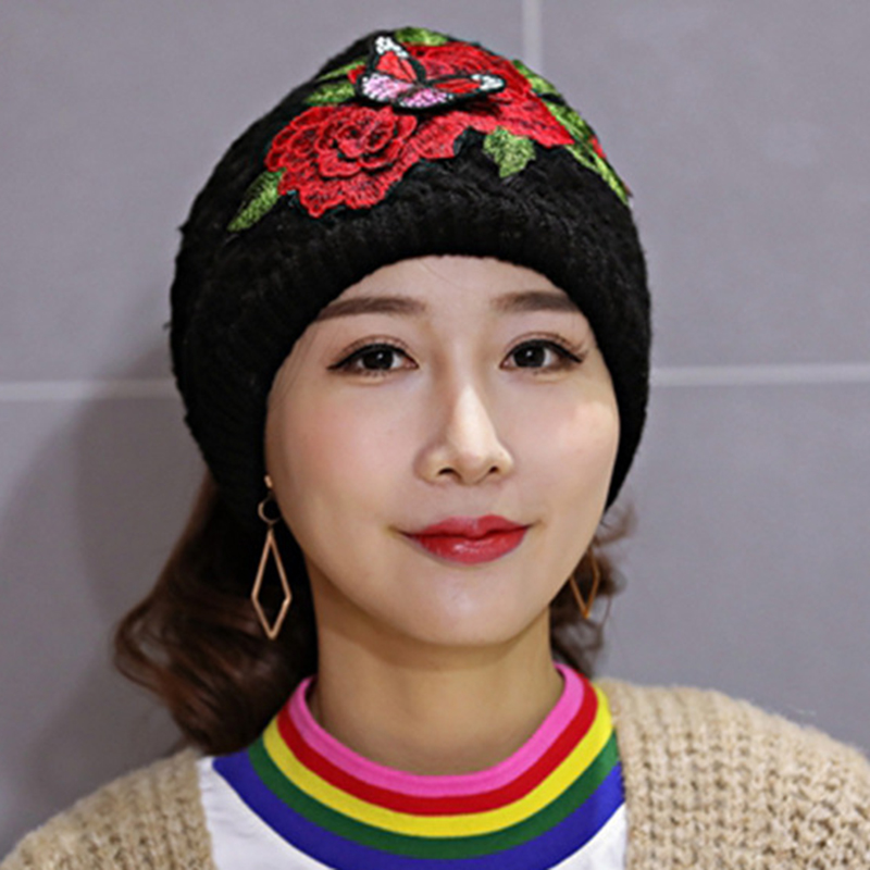 Womens-Ethnic-Red-Peony-Embroidery-Hair-Band-Cap-Scarf-Warm-Knitted-Ponytail-Headband-Hat-1396155