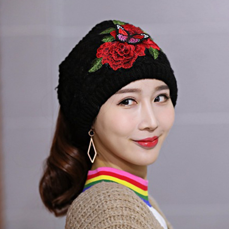 Womens-Ethnic-Red-Peony-Embroidery-Hair-Band-Cap-Scarf-Warm-Knitted-Ponytail-Headband-Hat-1396155