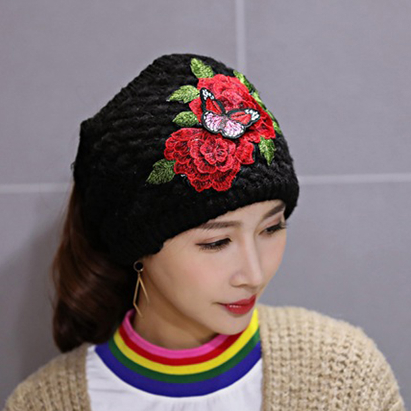 Womens-Ethnic-Red-Peony-Embroidery-Hair-Band-Cap-Scarf-Warm-Knitted-Ponytail-Headband-Hat-1396155