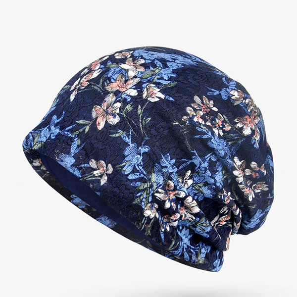 Womens-Lace-Jacquard-Double-Layers-Beanie-Blossom-Print-Elastic-Modal-Cotton-Hat-1196292