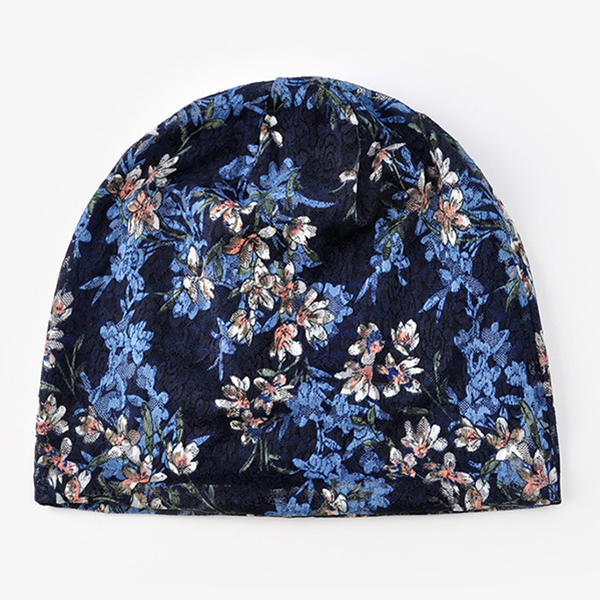 Womens-Lace-Jacquard-Double-Layers-Beanie-Blossom-Print-Elastic-Modal-Cotton-Hat-1196292