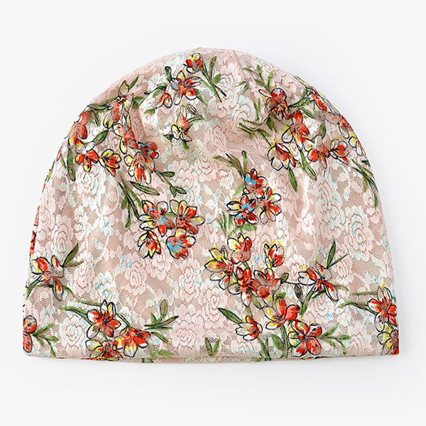 Womens-Lace-Jacquard-Double-Layers-Beanie-Blossom-Print-Elastic-Modal-Cotton-Hat-1196292