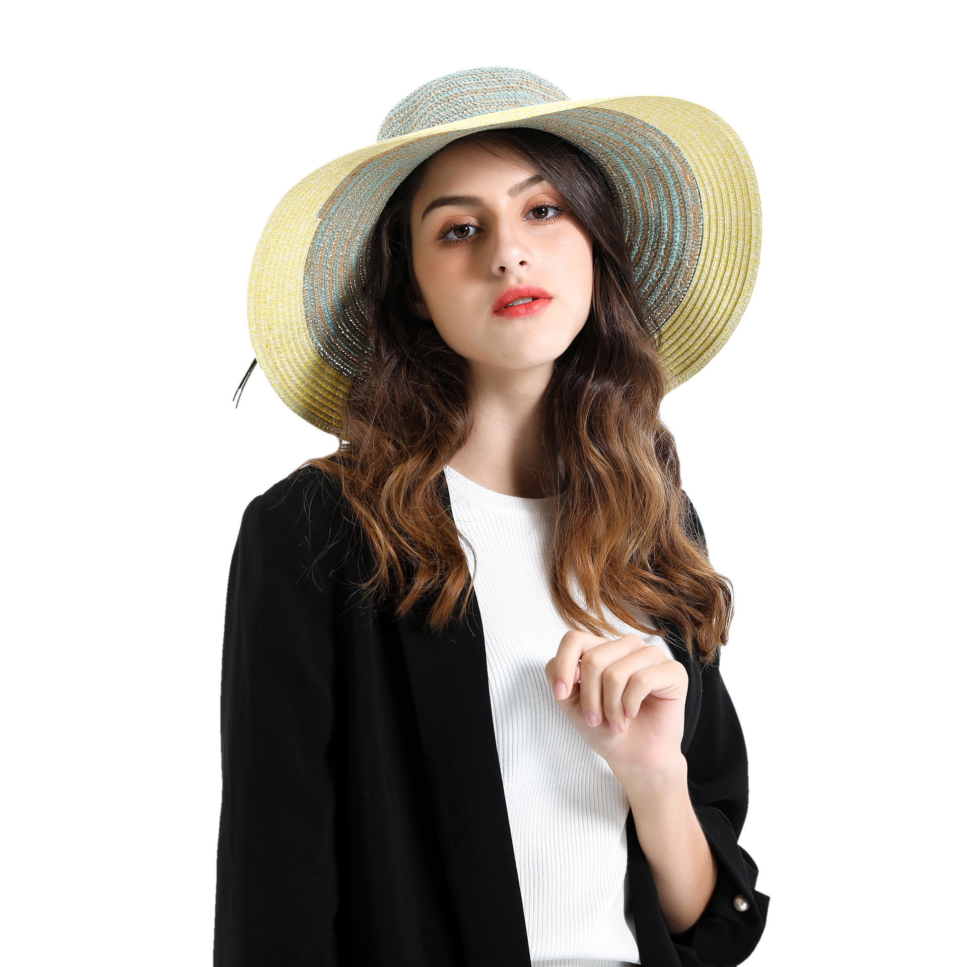 Womens-Two-tone-Stitching-Elegant-Seaside-Holiday-Sunshade-Woven-Straw-Hat-1509279