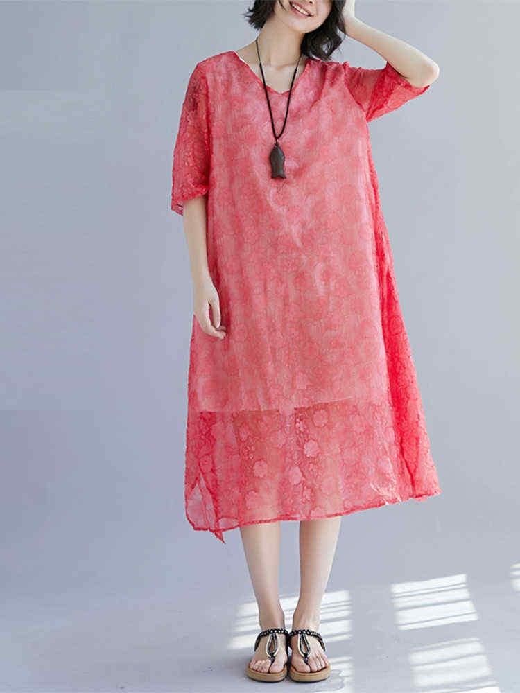 Elegant-Women-Floral-Print-Half-Sleeves-V-neck-Loose-Dress-1287412