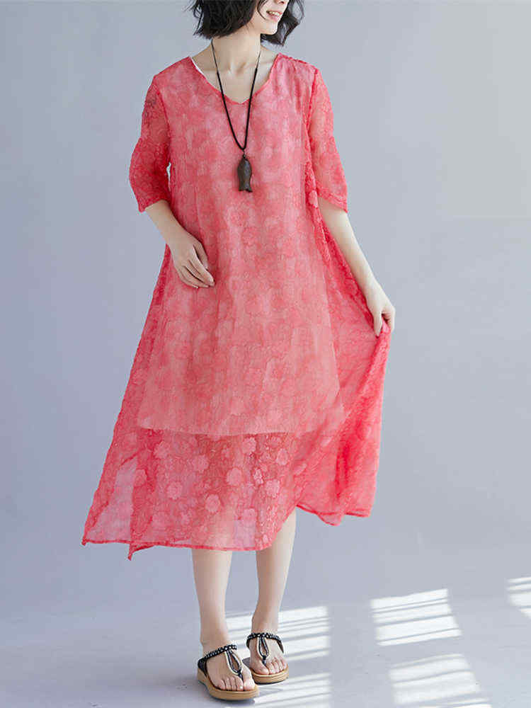 Elegant-Women-Floral-Print-Half-Sleeves-V-neck-Loose-Dress-1287412