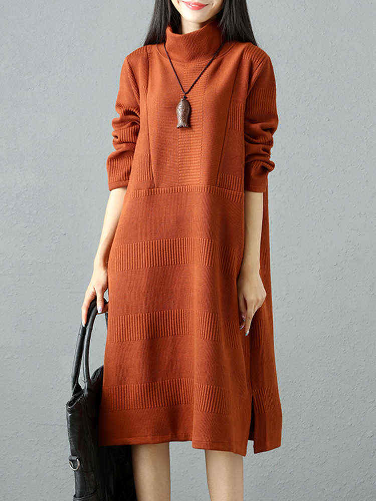 Elegant-Women-Pure-Color-High-Collar-Sweater-Dresses-1210322