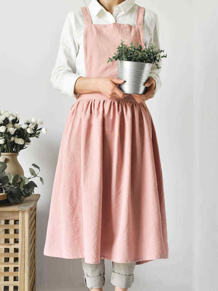 Japanese-Style-Retro-Pure-Color-Cotton-Linen-Pleated-Aprons-Dress-1364914