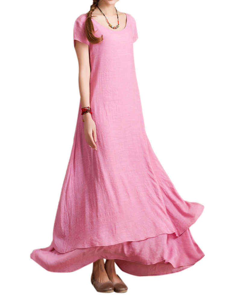 L-5XL-Elegant-Women-Solid-Fake-Two-piece-High-Low-Maxi-Dress-1063953