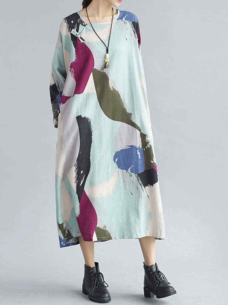 Large-Size-Colorful-Feathers-Printed-Cotton-Linen-Long-Sleeve-Dress-For-Women-1172357