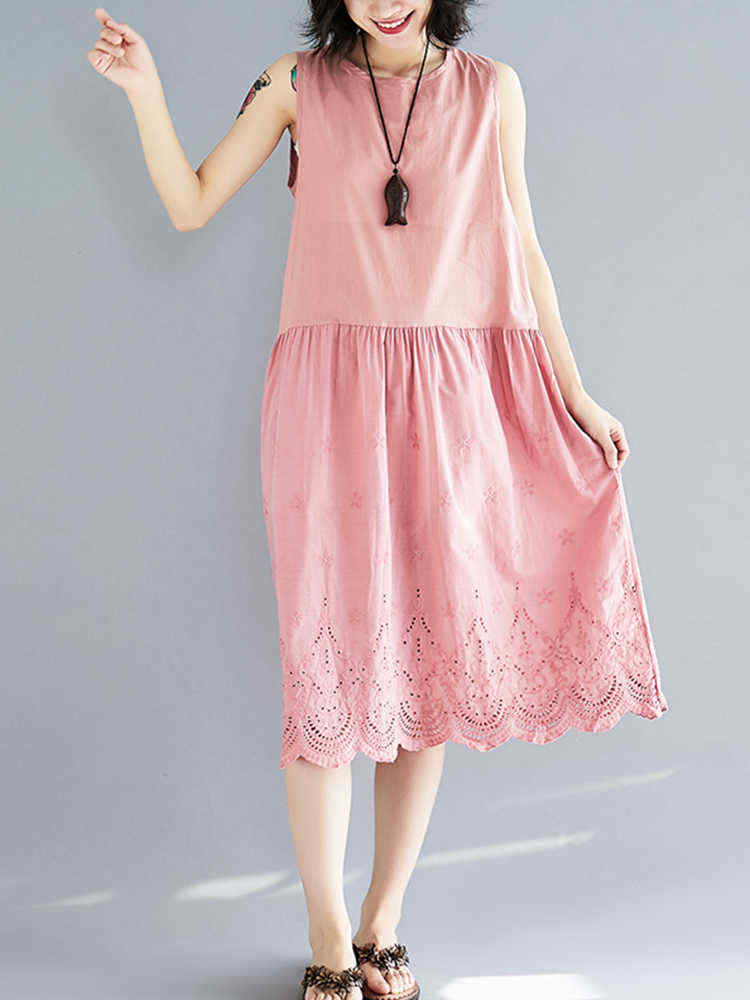 Linen-Cotton-Pure-Color-Hollow-Out-Hem-Sleeveless-Dress-1297047