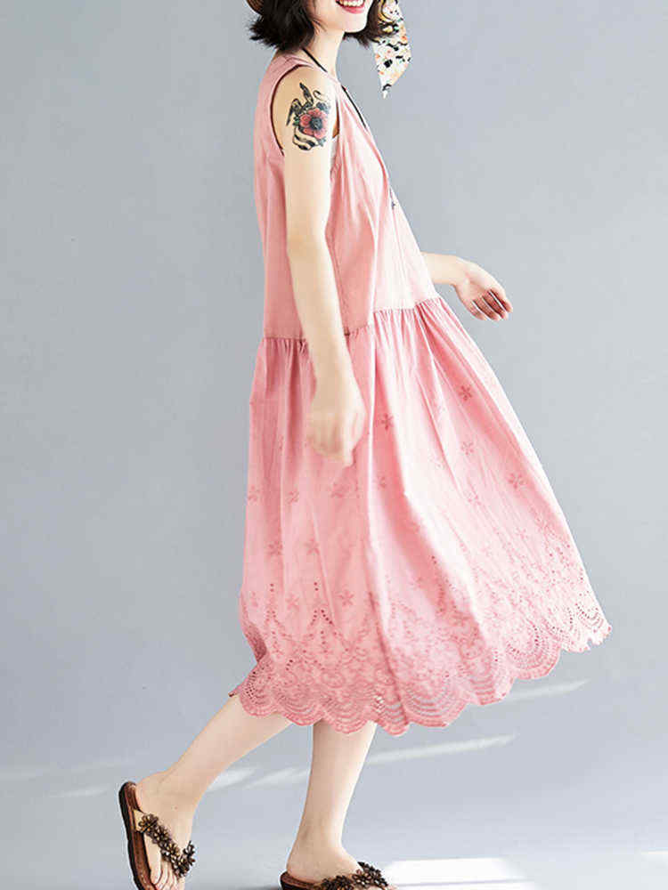 Linen-Cotton-Pure-Color-Hollow-Out-Hem-Sleeveless-Dress-1297047