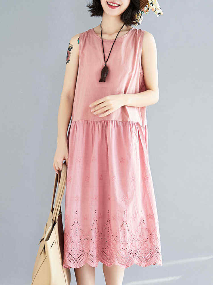 Linen-Cotton-Pure-Color-Hollow-Out-Hem-Sleeveless-Dress-1297047