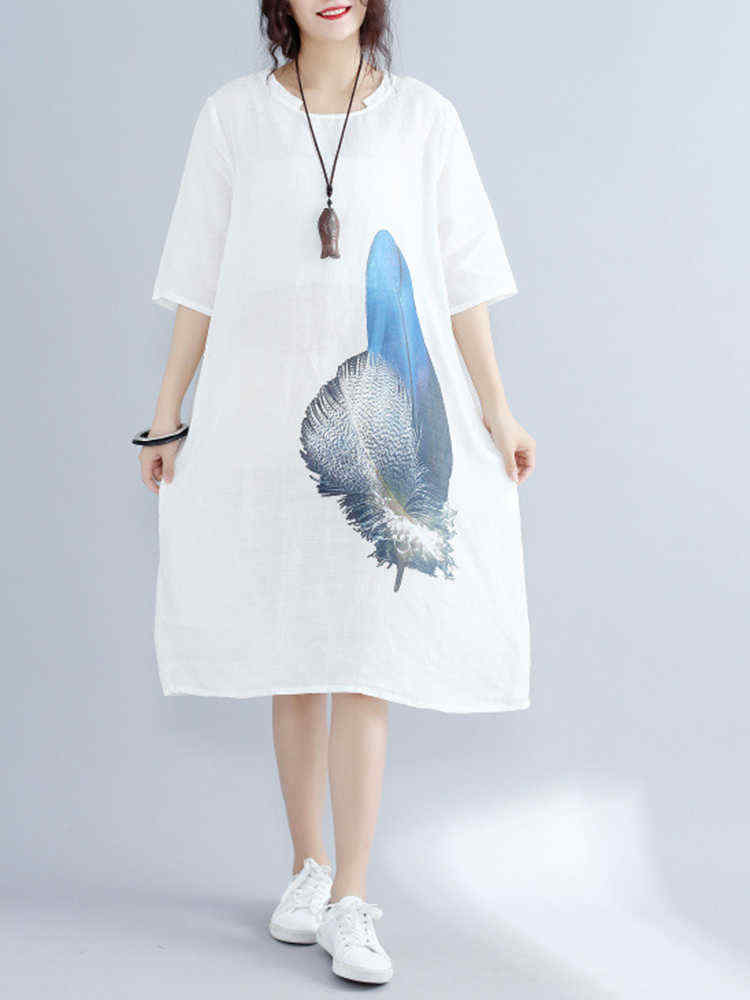 Loose-Waist-Women-White-Dress-Blue-Feather-Print-Cool-Thin-Linen-Dresses-1174037