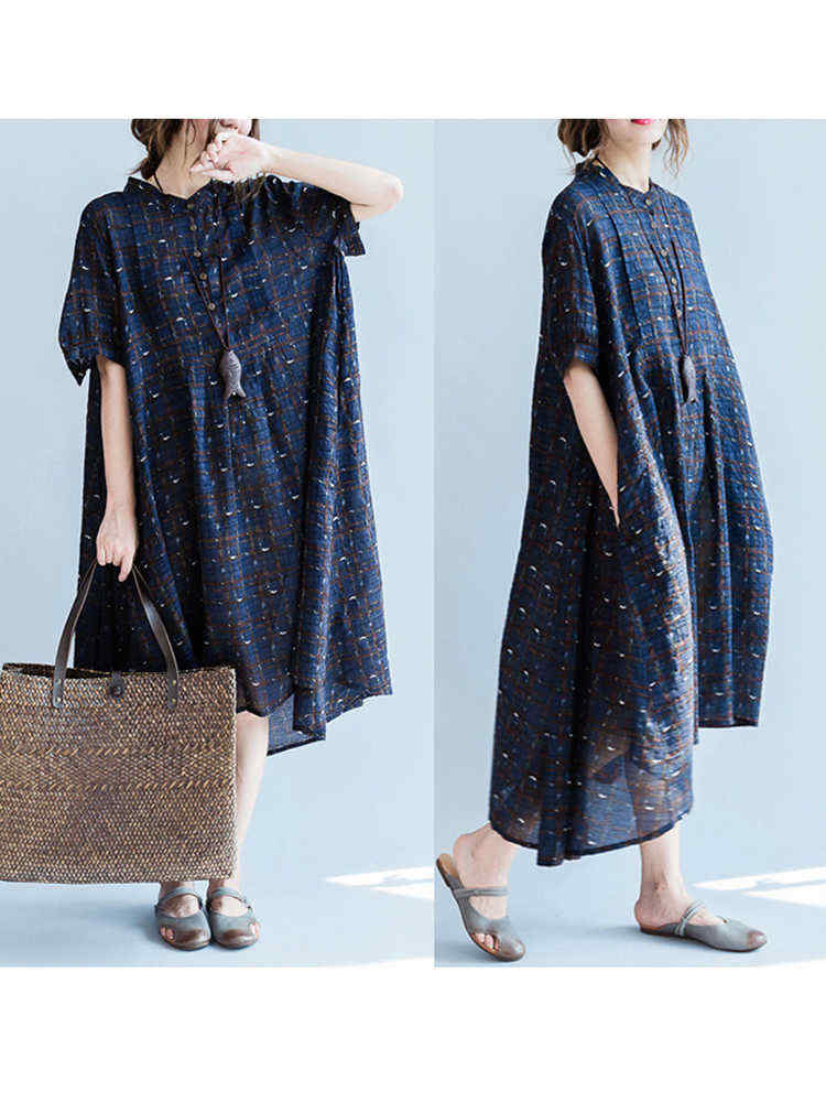 Loose-Women-Printed-Dress-Cotton-Blend-Short-Sleeve-Bottons-Dresses-1175189