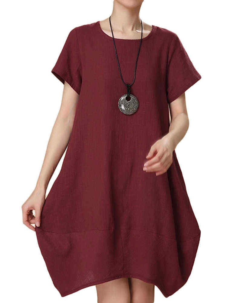 Loose-Women-Summer-Solid-Irregular-Cotton-Linen-Lantern-Dress-1045634