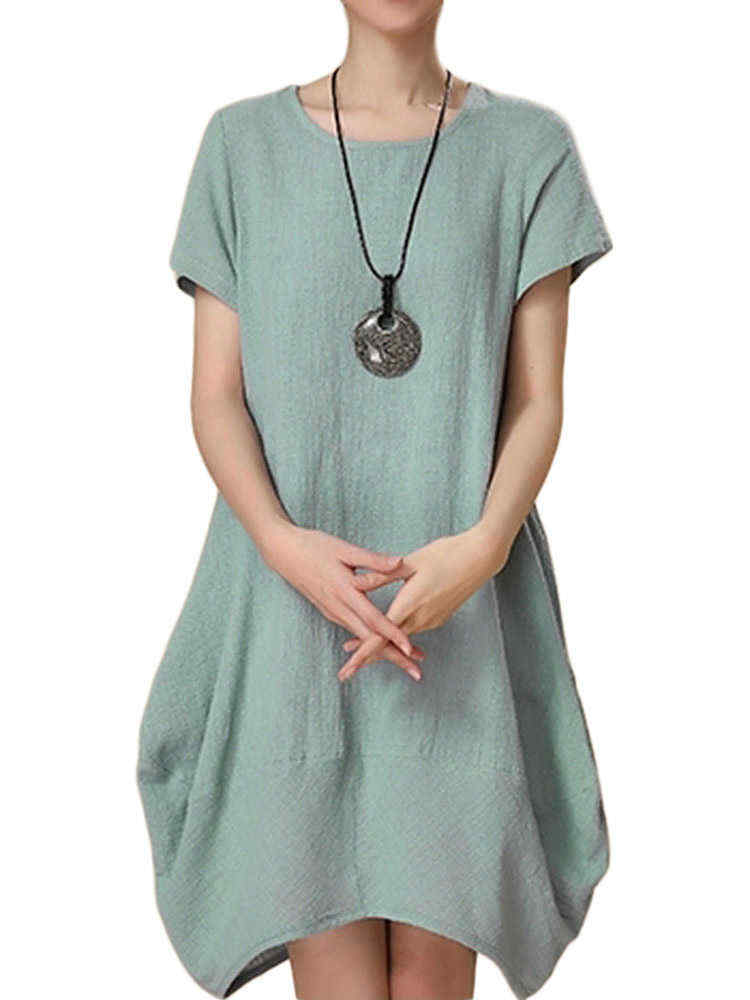 Loose-Women-Summer-Solid-Irregular-Cotton-Linen-Lantern-Dress-1045634